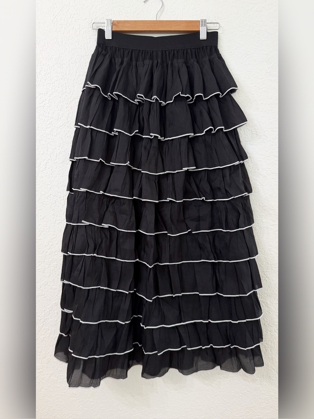 Black Tiered Ruffle Skirt - Women's Flowy Lined Maxi Skirt- Black/White Trim
